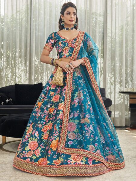Teal & Orange Printed Beads and Stones Semi-Stitched Lehenga Choli