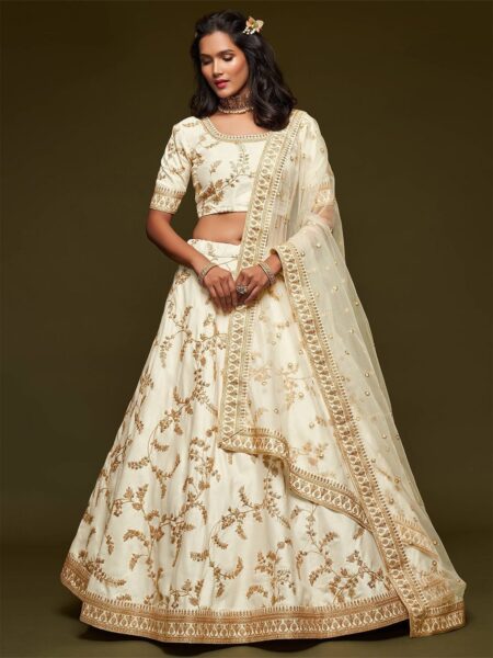 White Embroidered Sequinned Semi-Stitched Lehenga & Unstitched Choli & Dupatta