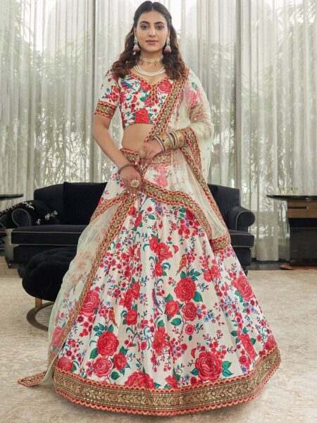 White & Red Printed Beads and Stones Semi-Stitched Lehenga & Unstitched Blouse With Dupatta