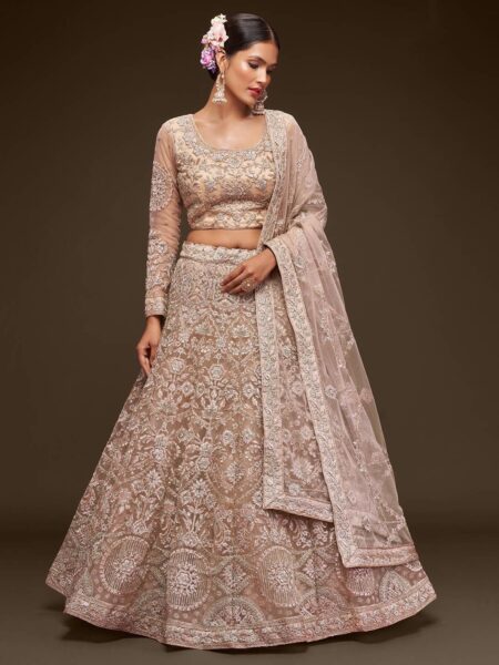Women Beige & Silver-Toned Embroidered Semi-Stitched Lehenga Set