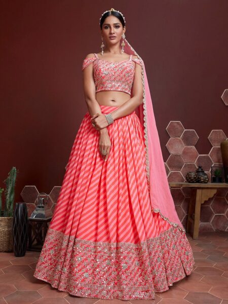 Women Peach & Gold Embellished Semi-Stitched Lehenga Set