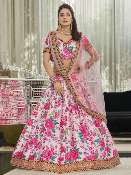 Women Pink & Green Printed Semi-Stitched Lehenga & Unstitched Blouse With Dupatta