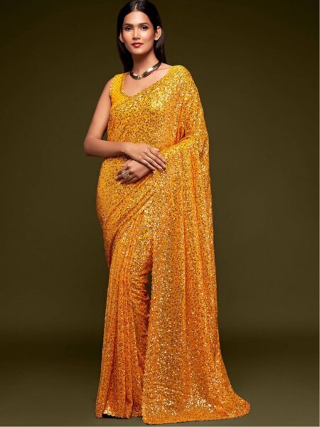 Yellow Fully Sequined Georgette Party Wear Saree
