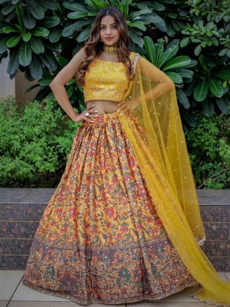 Yellow & Green Embellished Semi-Stitched Lehenga & Unstitched Blouse With Dupatta