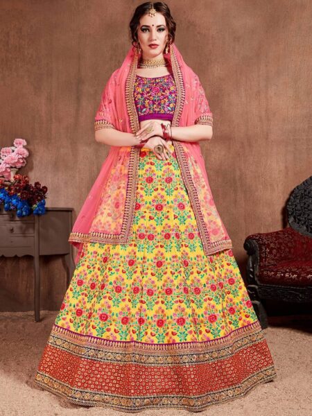 Yellow & Pink Embroidered Beads and Stones Semi-Stitched Lehenga & Unstitched Blouse With Dupatta