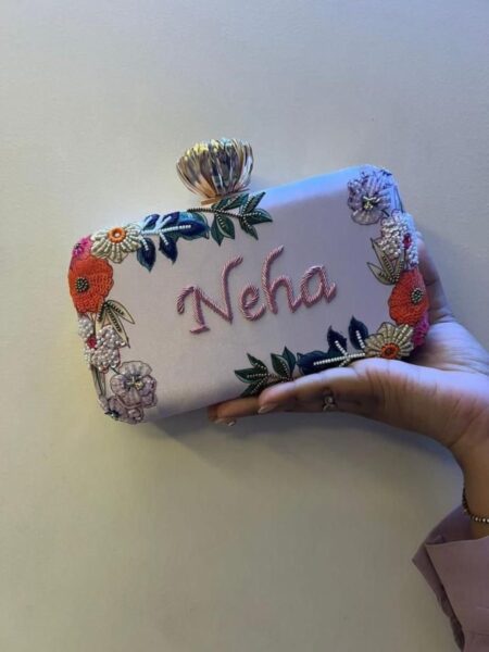 Rose Knob Highlighted Embroidered Name Clutch