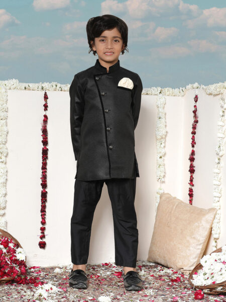 Boy's Black And Gold Jute Blend Angrakha Style Sherwani And Pyjama Set