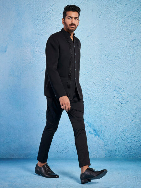Men's Black Imported Suiting Jodhpuri And Pant Set