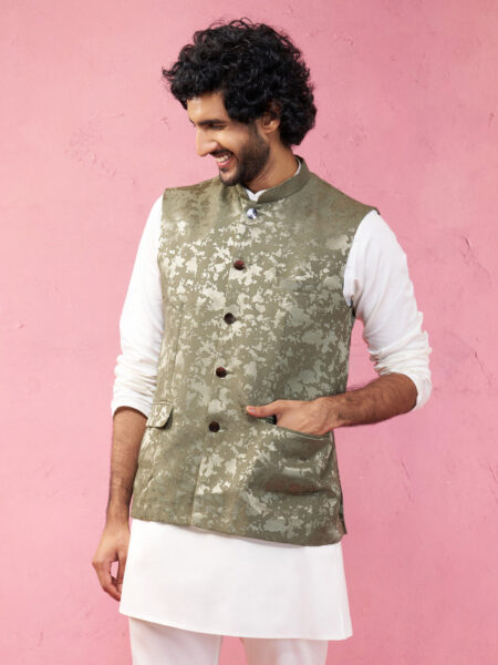 Men's Mehendi Green Monty Jacquard Nehru Jacket