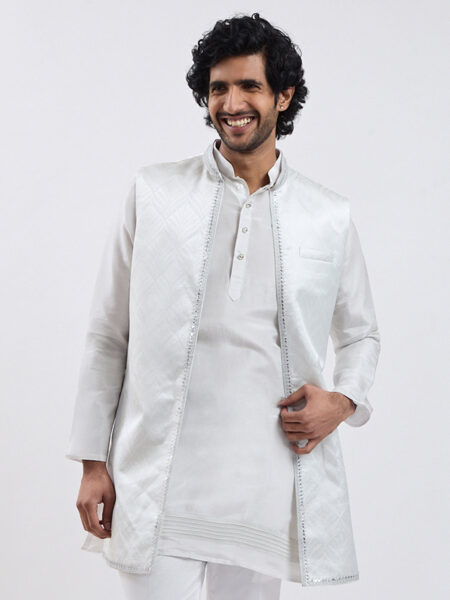 Men's Silver Cotton Blend Nehru Jacket