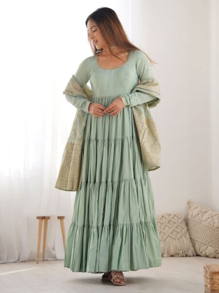 Gorgeous Pista Green Anarkali Gown With Banarasi Silk Dupatta