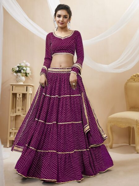Purple Georgette Leheriya Printed Lehenga With Lace Work