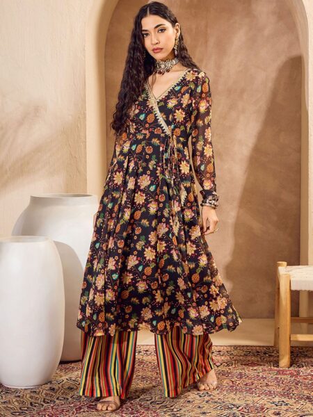 Alia Cut Floral Printed Angrakha Gotta Patti Anarkali Kurta with Palazzo