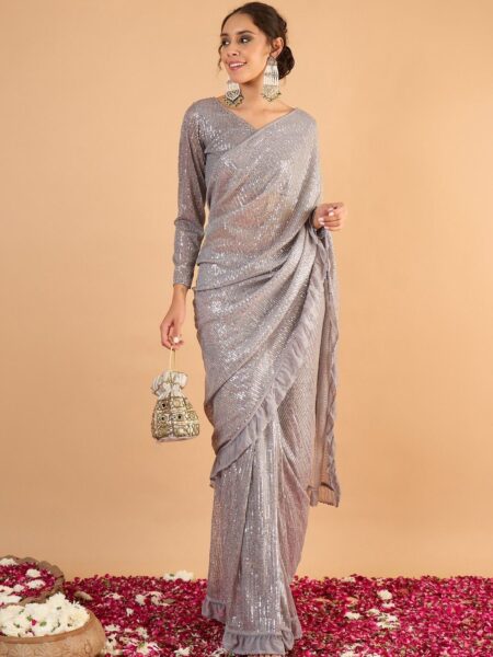 Embellished Sequinned Ruffles Heavy Work Saree