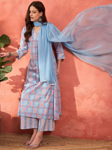 Ethnic Motifs Printed Pleated Pure Cotton Kurta With Palazzos & Dupatta