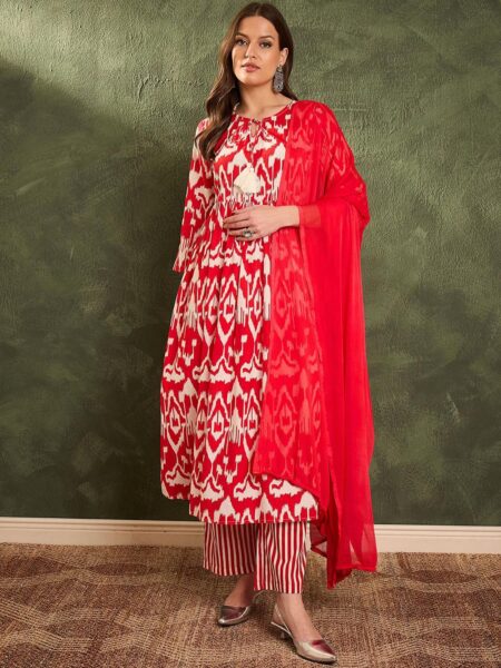 Ethnic Motifs Printed Pure Cotton Kurta With Trousers & Dupatta
