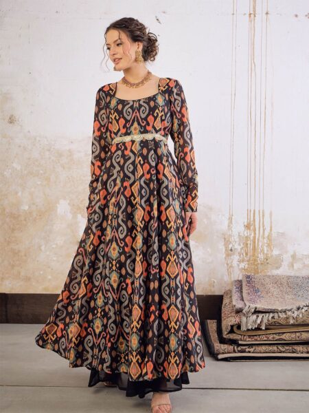 Ethnic Motifs Printed Square Neck Empire Sequinned Ikkat Anarkali Kurta