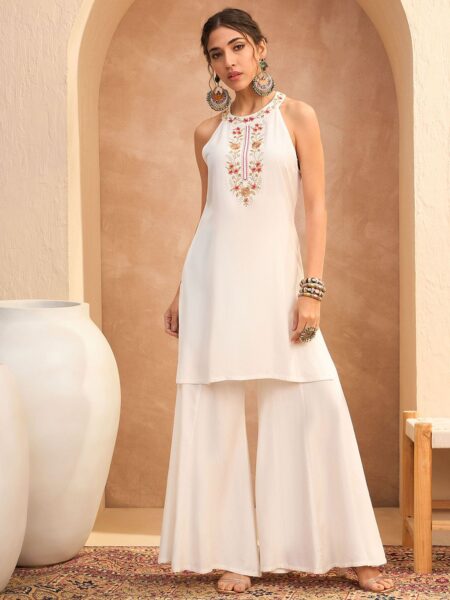Floral Embroidered Sequinned Straight Kurti with Palazzo