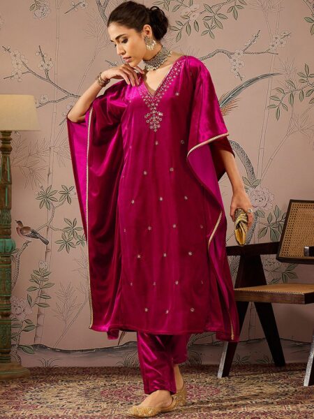 Floral Embroidered Thread Work Velvet Kaftan Kurta With Trousers