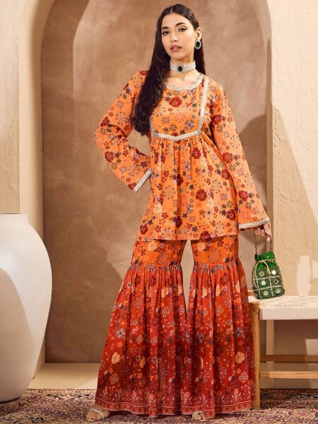 Floral Printed A-Line Kurti with Sharara