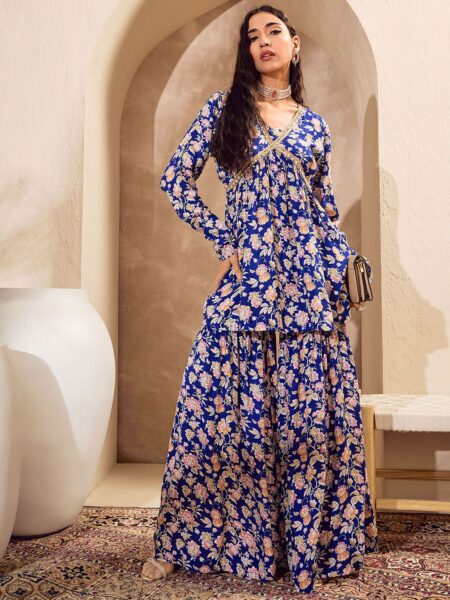 Floral Printed Anarkali Kurta With Sharara