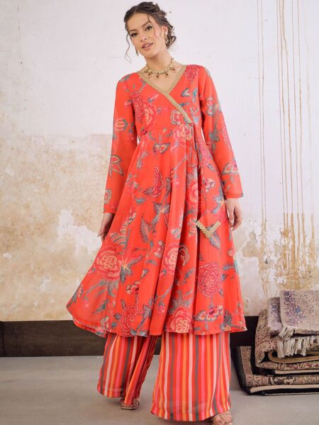 Floral Printed Angrakha V-Neck Georgette Anarkali Kurta With Palazzos