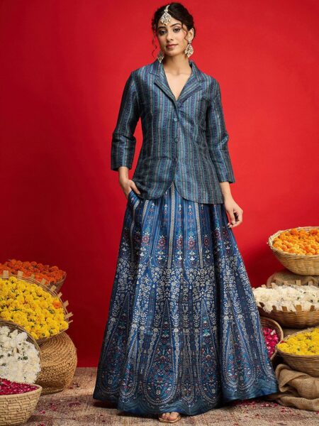 Floral Printed Blazer Top With Anarkali Skirt