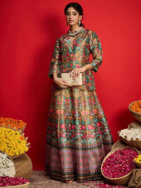 Floral Printed Blazer Top With Anarkali Skirt