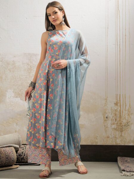 Floral Printed Boat Neck Pure Cotton Kurta With Palazzos & Dupatta