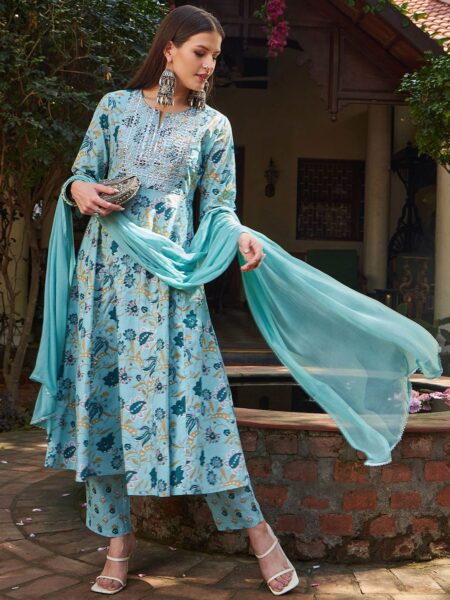 Floral Printed Gotta Patti Pure Cotton Kurta With Trousers & Dupatta