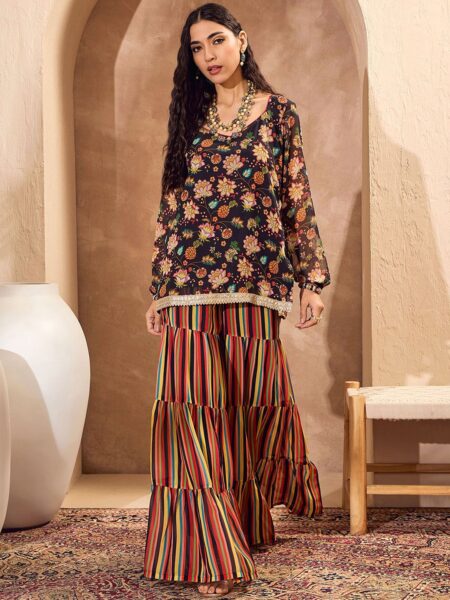 Floral Printed Gotta Patti Straight Kurti with Sharara
