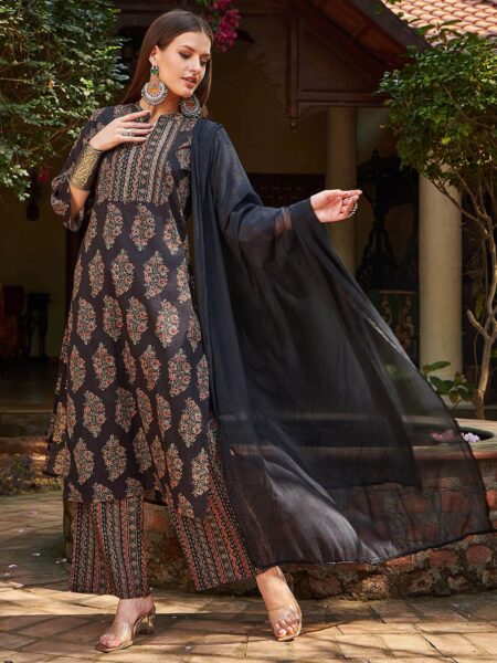 Floral Printed Mandarin Collar Pure Cotton Kurta With Palazzos & Dupatta