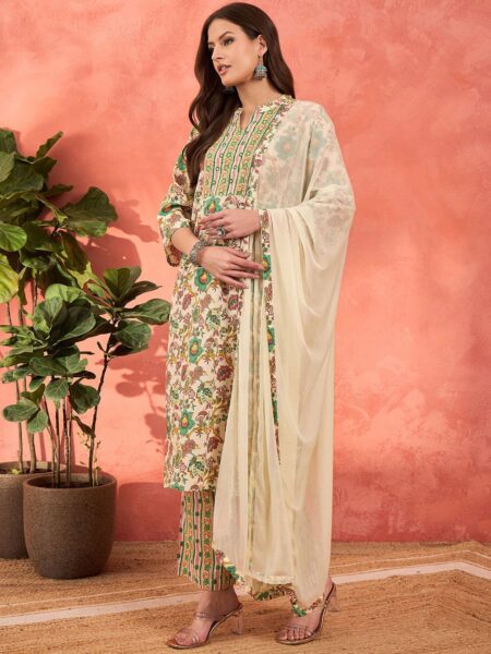 Floral Printed Mandarin Collar Pure Cotton Kurta With Trousers & Dupatta