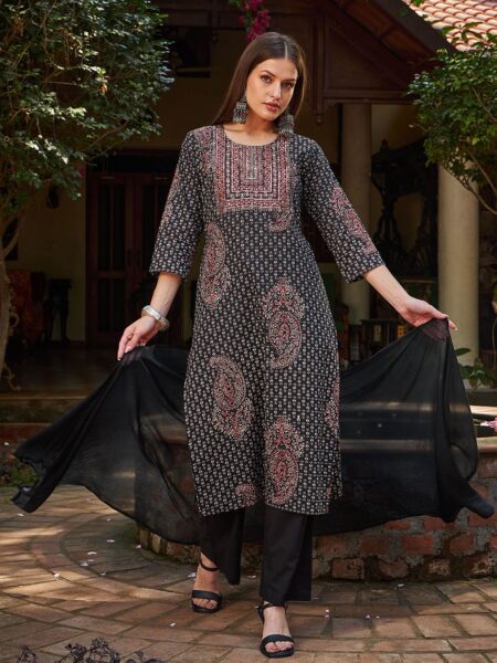 Floral Printed Mirror Work Pure Cotton Straight Kurta Trousers & Dupatta