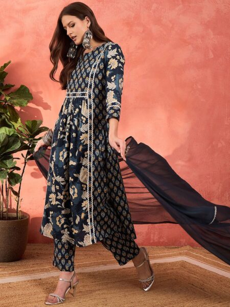Floral Printed Notch Neck Pure Cotton Aline Kurta Trousers & Dupatta