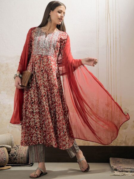 Floral Printed Notch Neck Pure Cotton Kurta With Trousers & Dupatta