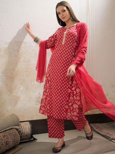 Floral Printed Panelled Mirror Work Pure Cotton Kurta Trousers & Dupatta