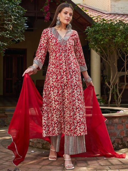 Floral Printed Pleated V-Neck Pure Cotton Kurta With Palazzos & Dupatta
