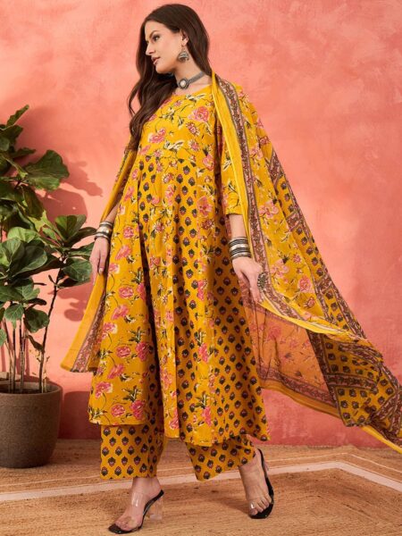 Floral Printed Pure Cotton A-Line Kurta With Palazzos And Dupatta