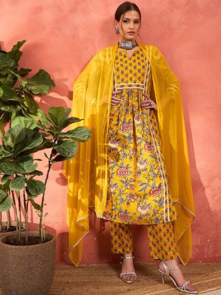 Floral Printed Pure Cotton A-Line Kurta With Palazzos And Dupatta