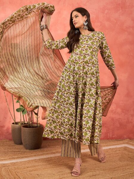 Floral Printed Pure Cotton A-Line Kurta With Palazzos & Dupatta