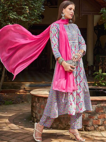 Floral Printed Pure Cotton Anarkali Kurta With Palazzos & Dupatta