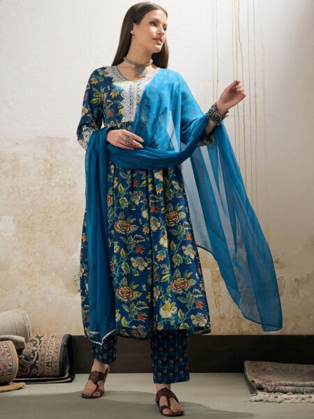 Floral Printed Pure Cotton Anarkali Kurta With Trousers And Dupatta