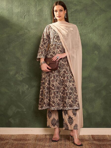 Floral Printed Pure Cotton Kurta With Trousers & Dupatta