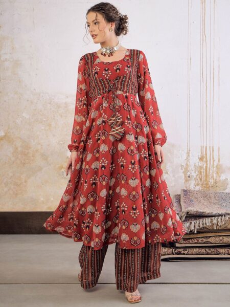 Floral Printed Round Neck Anarkali Georgette Kurta With Palazzo