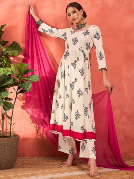 Floral Printed Round Neck Anarkali Kurta With Palazzos & Dupatta