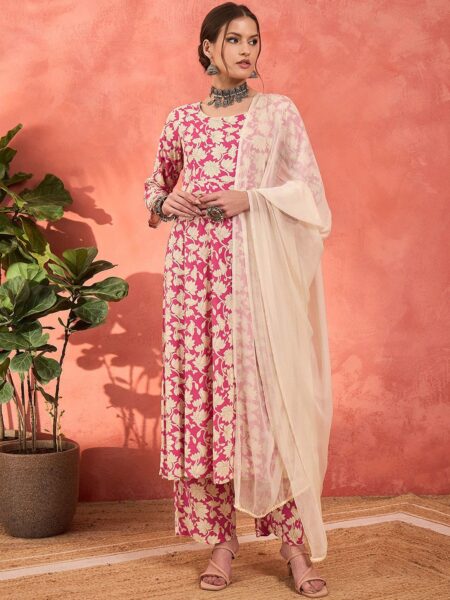 Floral Printed Round Neck Anarkali Kurta With Palazzos & Dupatta
