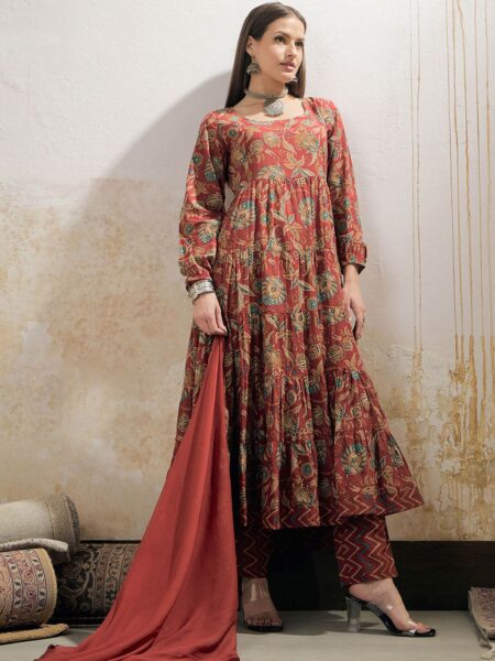Floral Printed Round Neck Pure Cotton Kurta With Trousers & Dupatta