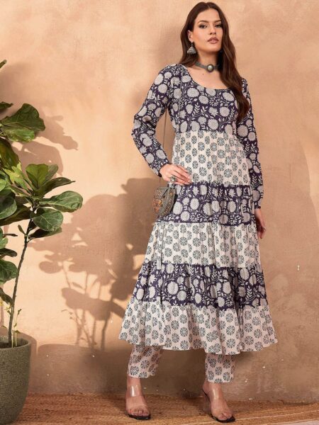Floral Printed Round Neck Tiered A-Line Pure Cotton Kurta With Trousers