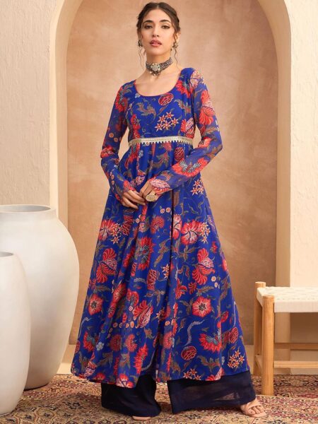 Floral Printed Scoop Neck Georgette Anarkali Kurta